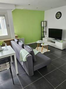 a living room with a couch and a tv at Charmante ruhige Oase in Lehrte