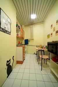 a kitchen with a black cat painted on the wall at Viru Backpackers Hostel in Tallinn