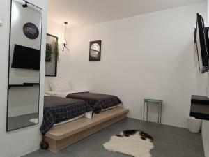 a bedroom with a bed and a mirror at Alameen Boutique Hotel in Kangar
