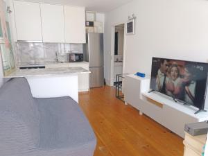 a living room with a large flat screen tv at Porto Histórico - pet friendly in Porto