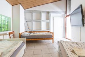 a bedroom with a bed and a tv in a room at Arbeitnehmerunterkunft I 3 Betten I Balkon I eigene Küche & Bad in Groß-Umstadt