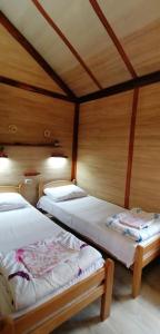 two beds in a room with wooden walls at Kucerak na Drini in Bajina Bašta