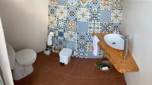 a small bathroom with a sink and a toilet at Casa Emília & Alda in Juncal +25 photos