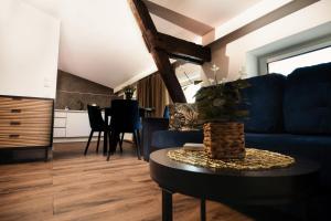 salon z niebieską kanapą i stołem w obiekcie TS Apartamenty w Bydgoszczy +37 zdjęć