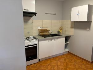 a small kitchen with a stove and white cabinets at proche de la source in Ouhans