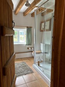 Un baño con inodoro y ducha de cristal. en The Oak Room, Oxfordshire, en Weston on the Green