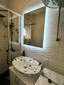 a bathroom with a sink and a shower with a mirror at Apartman Bećir in Budva