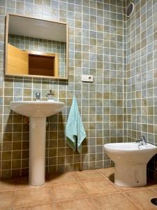 a bathroom with a sink and a mirror and a toilet at Casa Pepe Las Candelarias in Agaete +36 photos