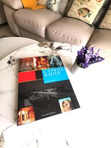 パラリムニにあるHoliday apartment in Kyklades Complex with gym&poolのリビングルーム(ソファ、本付)