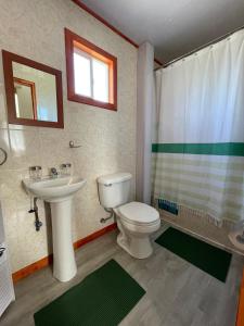 a bathroom with a toilet and a sink and a shower at CabañasRioBlanco in Chaitén