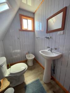 a bathroom with a toilet and a sink at CabañasRioBlanco in Chaitén