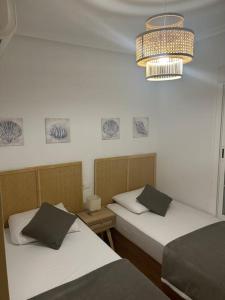 ein Schlafzimmer mit zwei Betten und einem Kronleuchter in der Unterkunft Casa Soleme San Juan de Los terreros in San Juan de los Terreros