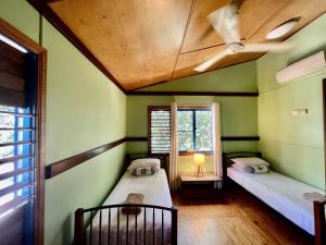two beds in a room with green walls and a ceiling at Tropical Cabin Retreat in Mission Beach +5 photos