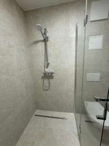 un bagno con doccia e lavandino di City Ferien Wohnungen 9 a Rosenheim