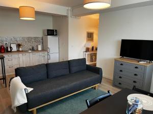 a living room with a couch and a tv at Victoria Condo Otopeni- Self Check-in and Check- out in Otopeni
