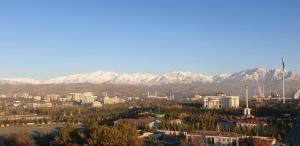 a city with snow capped mountains in the background at Dushanbe City in Dushanbe