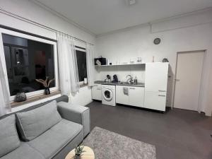 a living room with a couch and a microwave at Zentrale Wohnung in Ostrach in Ostrach
