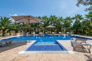a pool with chairs and an umbrella and palm trees at Villa Fina in Colònia De Sant Jordi