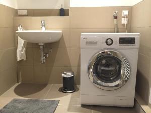 a washing machine and a sink in a bathroom at Im Herzen der Altstadt in Heidelberg