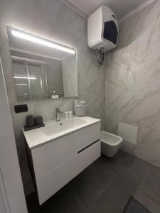 a bathroom with a sink and a mirror and a toilet at Monolocale Ovidio in Milan +22 photos