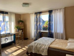 a bedroom with a bed and a desk and a window at Private house in Valmiera +6 photos