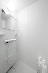 ein weißes Badezimmer mit Dusche und Waschbecken in der Unterkunft The Exeparel in Kushiro