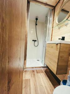 a bathroom with a shower in a tiny house at Le Jardin d'Emilie TINY in Menetou-Râtel +13 photos