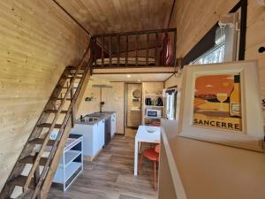 a tiny house with a loft bed and a kitchen at Le Jardin d'Emilie TINY in Menetou-Râtel