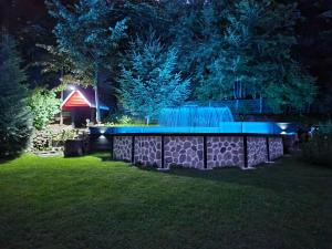 a lit up pool in a yard at night at Casa Turta Dulce in Buşteni