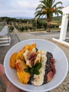 a person holding a plate of food with fruit on it at Monte da Pechincha - Casa de Hóspedes & Spa in Estremoz