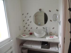 une salle de bains avec un lavabo et un miroir dans l'établissement Gîte & Chambres d'Hôtes - Le Petit Bali, à Saint-Pandelon