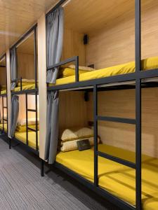 a room with three bunk beds in a cabin at OZ HOUSE and CAFE in Songiin