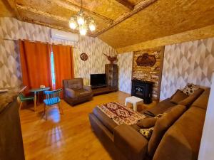 a living room with a couch and a fireplace at Pine house in Gürgan