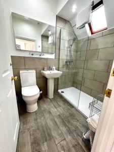 a bathroom with a toilet and a sink and a shower at Flower Cottage by Ludlow Castle with Onsite Parking in Ludlow