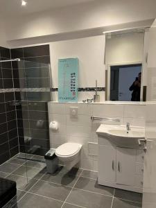 a bathroom with a toilet and a sink and a mirror at Appartements Bel Lago Bestensee in Bestensee +10 photos