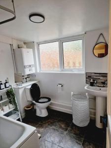a white bathroom with a toilet and a sink at Welsh Retreat, BikeParkWales, Brecon Beacons, ZipWorld Tower in Troed-y-rhiw