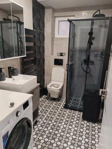 a bathroom with a shower and a toilet and a sink at Apartment Stevanovic Belgrade in Vračar (historical)