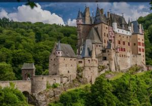 a castle on a hill with trees at Fewo Lerchi am Nürburgring in Kelberg