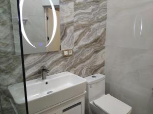 a bathroom with a sink and a mirror and a toilet at Very beauty new apartment for good guests in Arabkir +7 photos