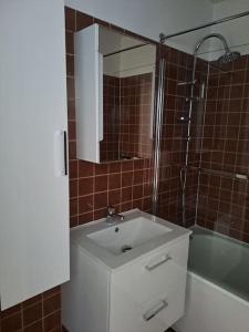 a bathroom with a sink and a tub and a mirror at Maison au calme 3 chambres avec terrasse et jardin in Ouzouer-sur-Loire