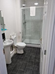 Un baño con ducha, inodoro y lavabo. en The Green - Corner Plot Getaways, en Seaton Carew