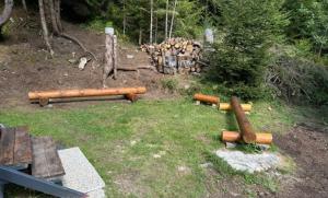 a group of logs in a field with a forest at Heidi-Alm-Amelie am Präbichl in Vordernberg