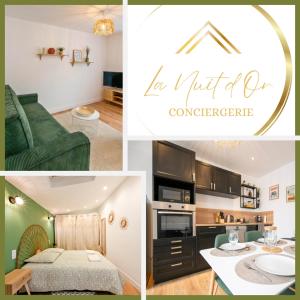 a collage of pictures of a living room and a kitchen at L'Escapade Verdoyante - Confort, Élégance, Centrale in Cholet