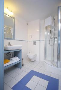 a bathroom with a sink and a shower and a toilet at Spichlerz na Krakowskiej in Kazimierz Dolny