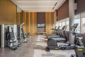 un gimnasio con cintas de correr y máquinas elípticas en Estupendo Depto Lujo Deco Recoleta Armani powered by Argenhost D417, en Buenos Aires