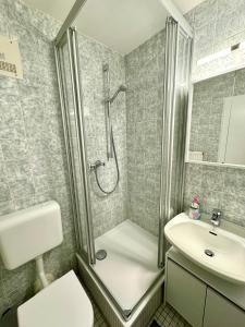 a bathroom with a shower and a toilet and a sink at Chices Service Apartment nahe Homburger Uni Klinik und Technologiepark mit Loggia und kostenlosem Parkplatz in Homburg
