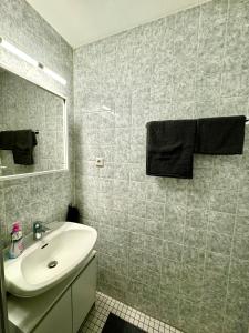 a bathroom with a sink and a mirror at Chices Service Apartment nahe Homburger Uni Klinik und Technologiepark mit Loggia und kostenlosem Parkplatz in Homburg