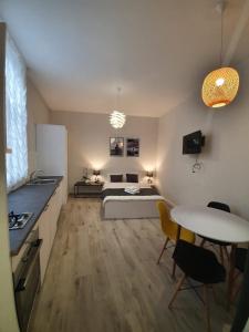 Una habitación con una cama y una cocina con una mesa. en Gabriela Studio Central, en Satu Mare