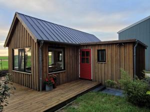 a wooden cabin with a red door on a deck at Dijksterhuisje in Pieterburen