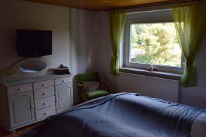 a bedroom with a bed and a dresser and a window at Ferienwohnung am Schwalmufer in Schwalmstadt
